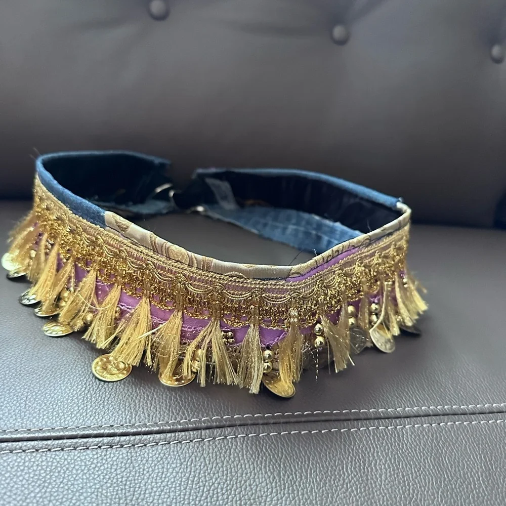 Artisan Denim Belt Tribal goddess belly dancer, shimmy gold coin fringe signed